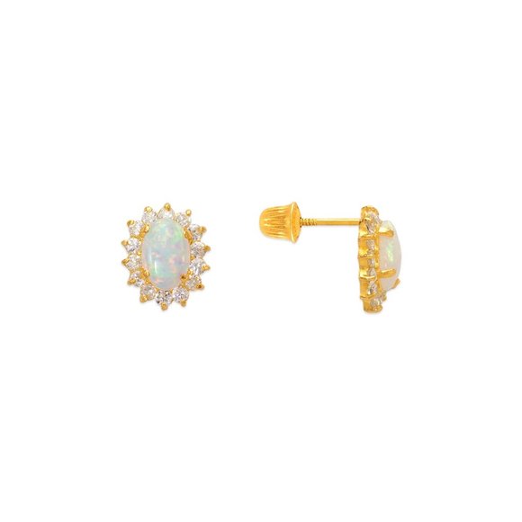 14k REAL GOLD Flower Opal CZ Stud Earrings - Picture 2 of 3
